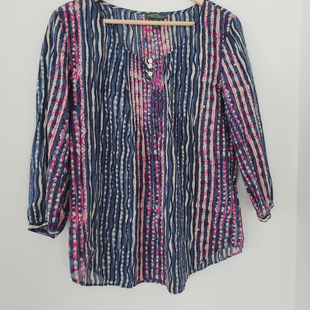 RALPH LAUREN Sz M Multi-Color Geo Stripe Dot Print Top Light Coastal Ocean Vibe